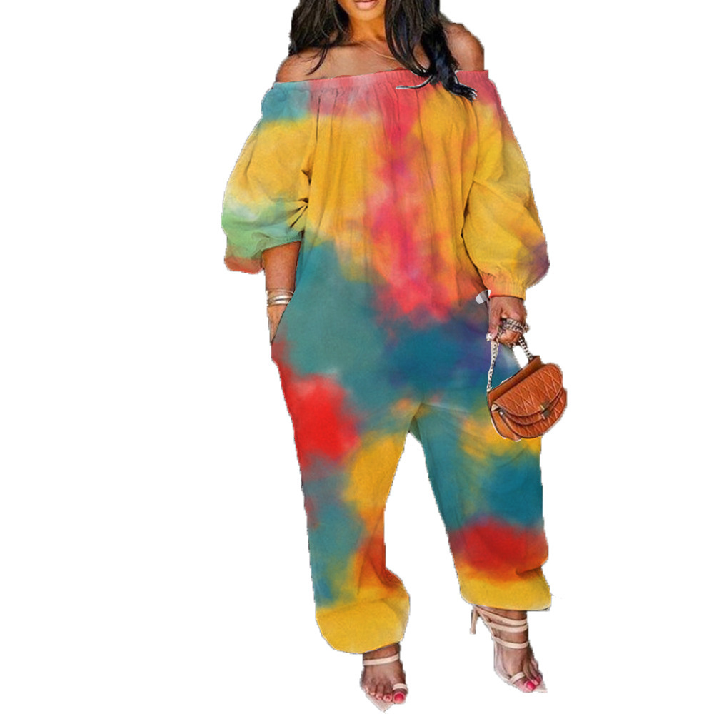 Large Size European And American Sexy Women's Tie-dye Printed Long-sleeved Jumpsuit
