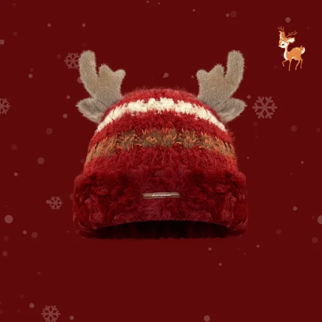 Christmas Knitted Hat With Cute Deer Antler Winter Warm Thick Hat For Girls Women Red - Shop at LoveMi