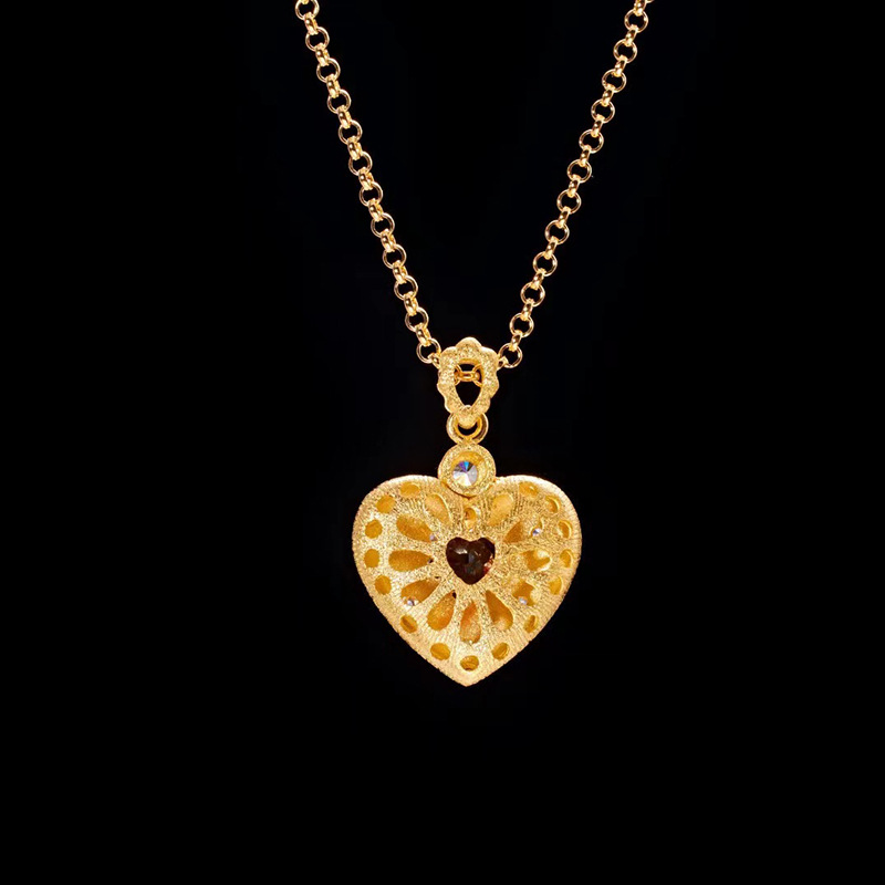 Brushed Heart S925 Silver Gold Plated Garnet Pendant