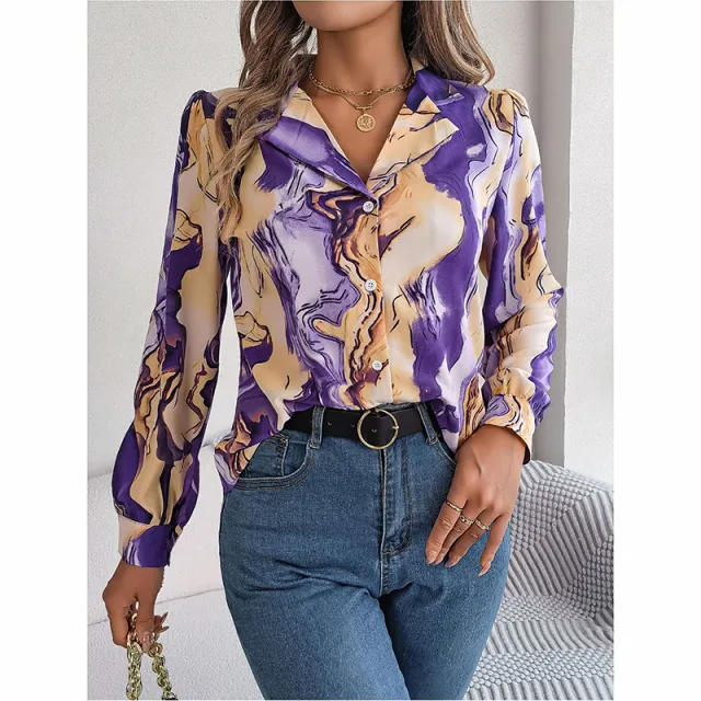 Women Fashion Button Down Shirts V Neck Printed Long Sleeve Blouses Dressy Casual Fall Tops Purple - Shop at LoveMi