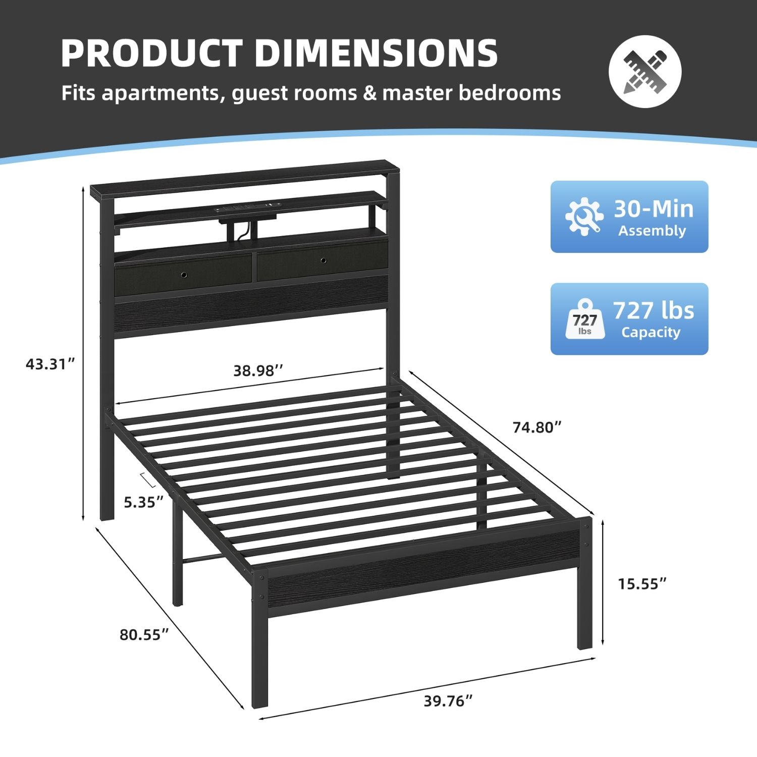 Full Bed Frame With Charging Station And LED Lights, Wood Headboard, 2 Fabric Drawers And Storage Shelves, Metal Slats, No Box Spring Needed — foto 6