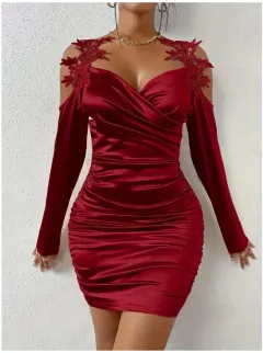 Spring And Autumn New Satin Elegant Lace Bodycon Dress With Pleated Skirt - Red - View 1