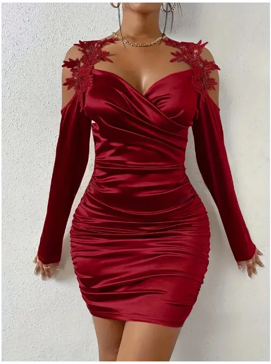 Spring And Autumn New Satin Elegant Lace Bodycon Dress With Pleated Skirt Red - Shop at LoveMi