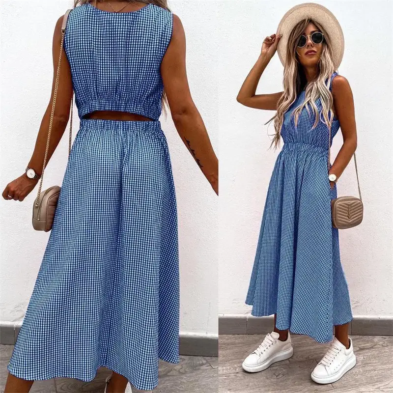 Round Neck Elastic Waist Temperament Commuter Plaid Mid-waist Dress