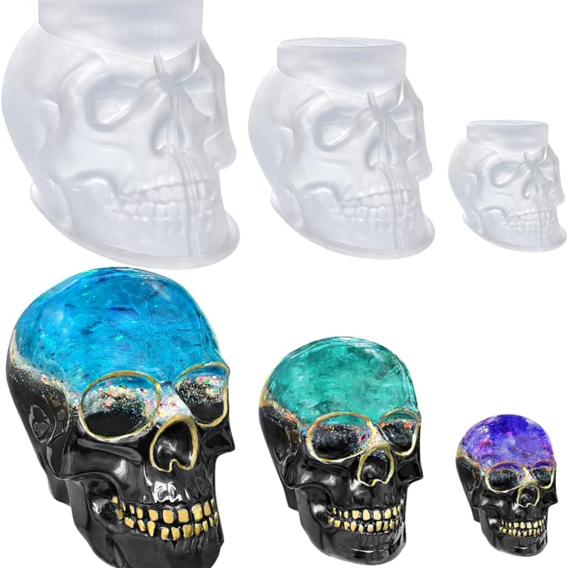 Set Of Large Medium Small 3D Skull Resin Molds Flexible Clear Silicone Skull Head Molds, Silicone Molds For Resin, Soap, Clay, Candle Wax Casting, Halloween Home Decoration