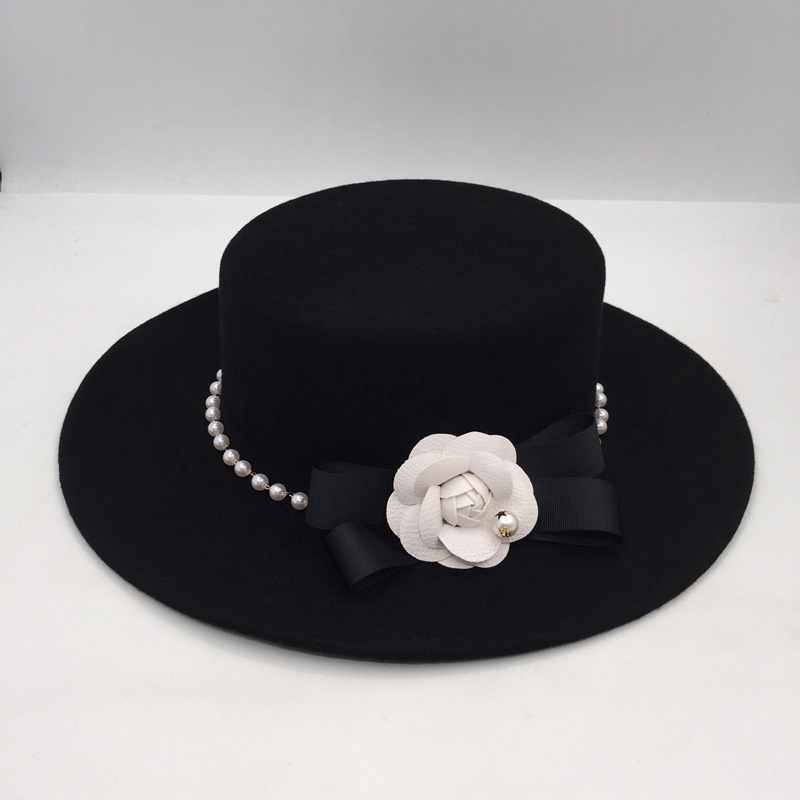 Fashion Black Pearl Flower Flat Top Hat