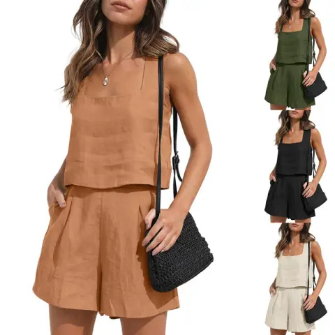 Women's Suit 2 Piece Outfits Square Neck Tops Shorts