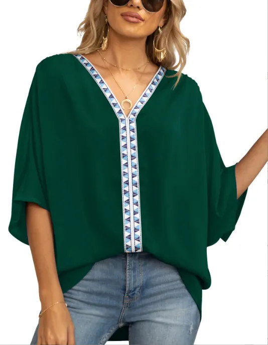 Bat Sleeved V neck Short Sleeved Shirt Dark Green - Shop at LoveMi