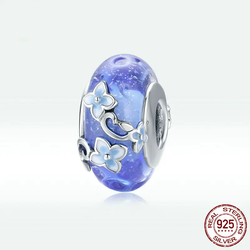 Fashion Simple Blue Glass Beads Flower 925 Silver Beads