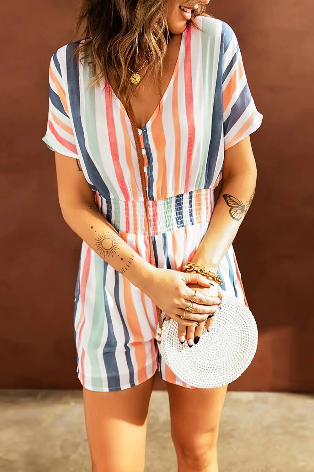 Ladies Elastic Waist Stripe Print V Neck Button Bodysuit