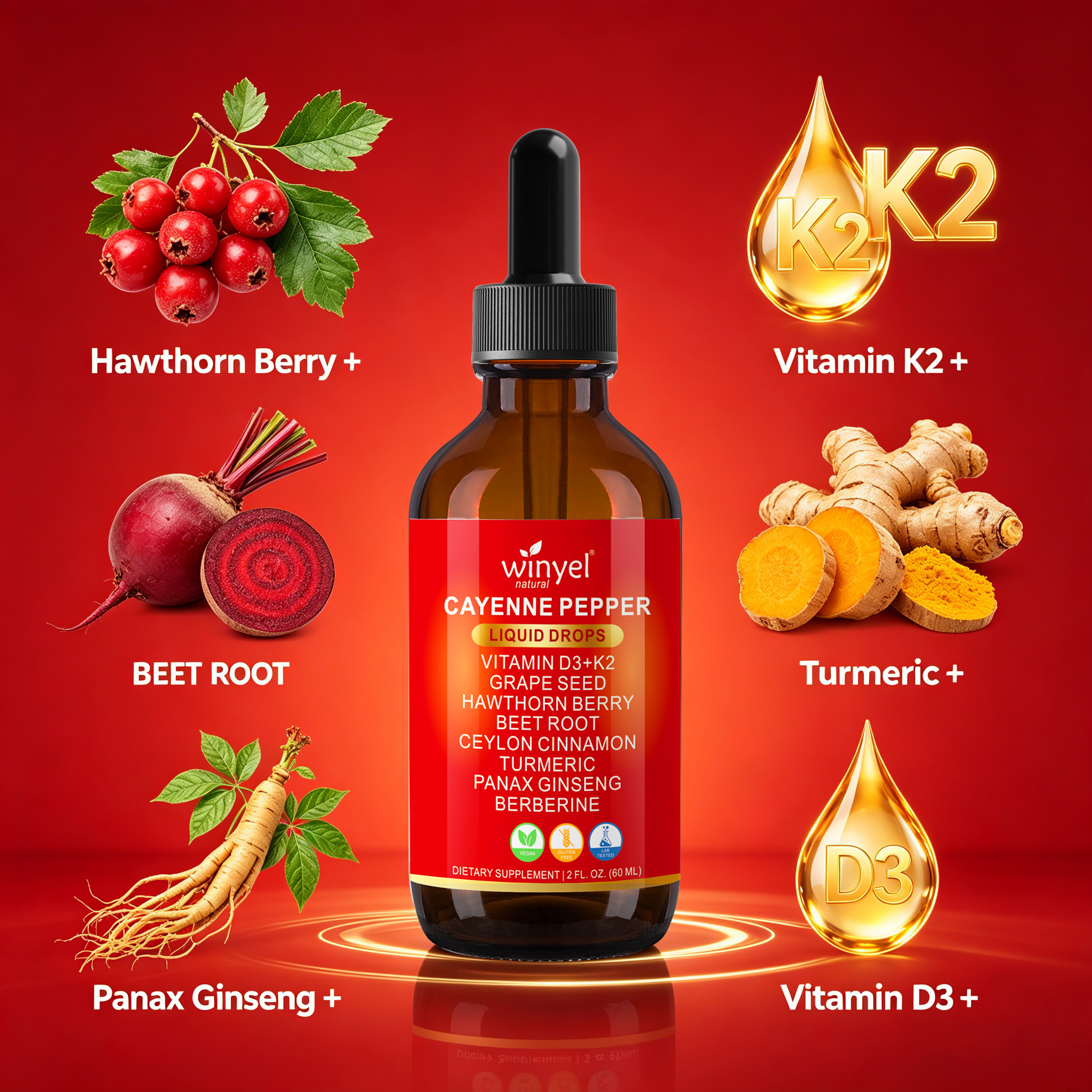 WINYEL Cayenne Pepper Drops Supplement Liquid  Hawthorn Berry, Vitamin D3 K2 Beet Root Powder, Ceylon Cinnamon, Turmeric Curcumin, Organic Panax Ginseng, Berberine Extract 1 Pack — view 2