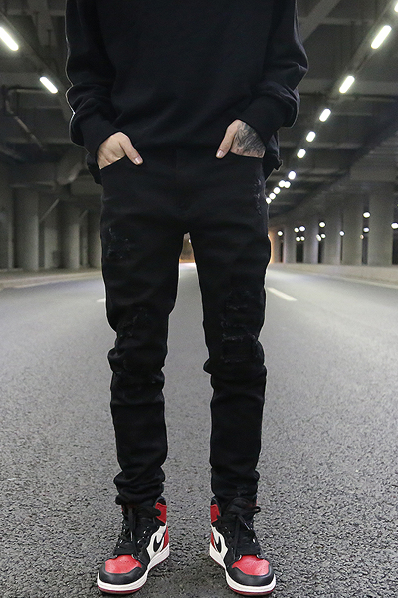 Title 5, Black All-Match Slim-Fit Jeans With Ripped Patches