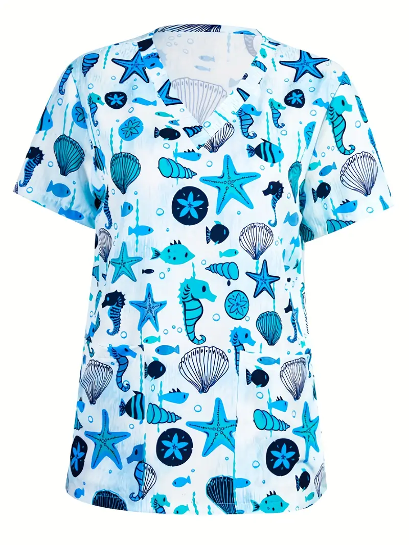Plus Size Women's Vibrant Print Scrub Top Casual V-Neck Short Sleeve