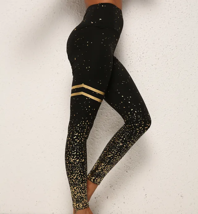 Gold Dot Striped Print Leggings Fitness Butt Lifting Running Sport Gym Yoga Pants For Women High Waist Slimming Legging Tight Trousers Black - Shop at LoveMi