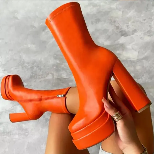 Women's Round Head Thick High Heel Medium Boots Orange - Shop at LoveMi