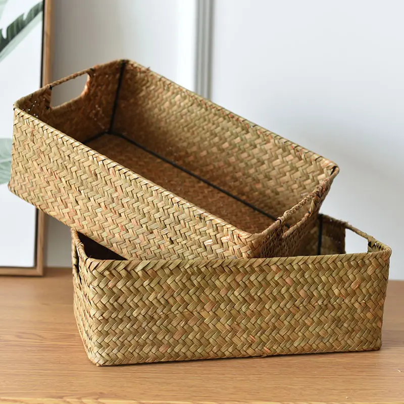 Straw Woven Rectangular Storage Baskets, Finishing Bamboo