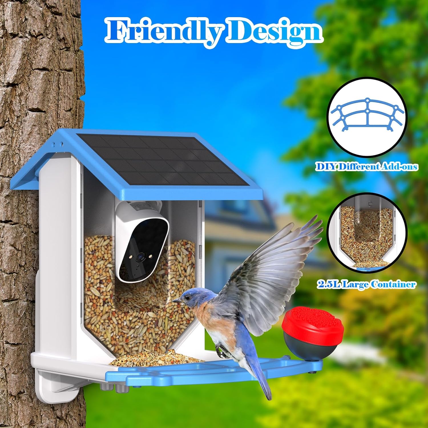 Smart Bird Feeder With Camera Solar Powered WiFi 4MP Live Camera AI Identify Bird Species Auto Capture Garden Bird Watching Motion Detection Ideal Gift For Bird Lovers Blue