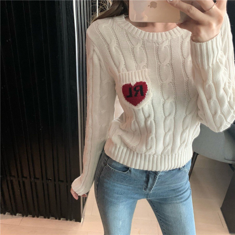 Spring New Fashion Love Women Loose-fitting White Knit Bottoming Coat With Pullover