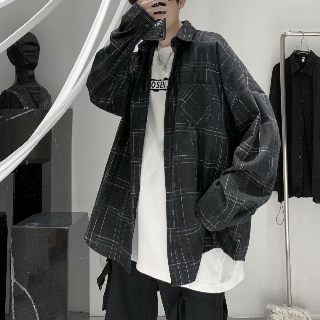 Plaid Shirt Men's Loose Long-sleeved Thin Jacket All-match Japanese Shirt