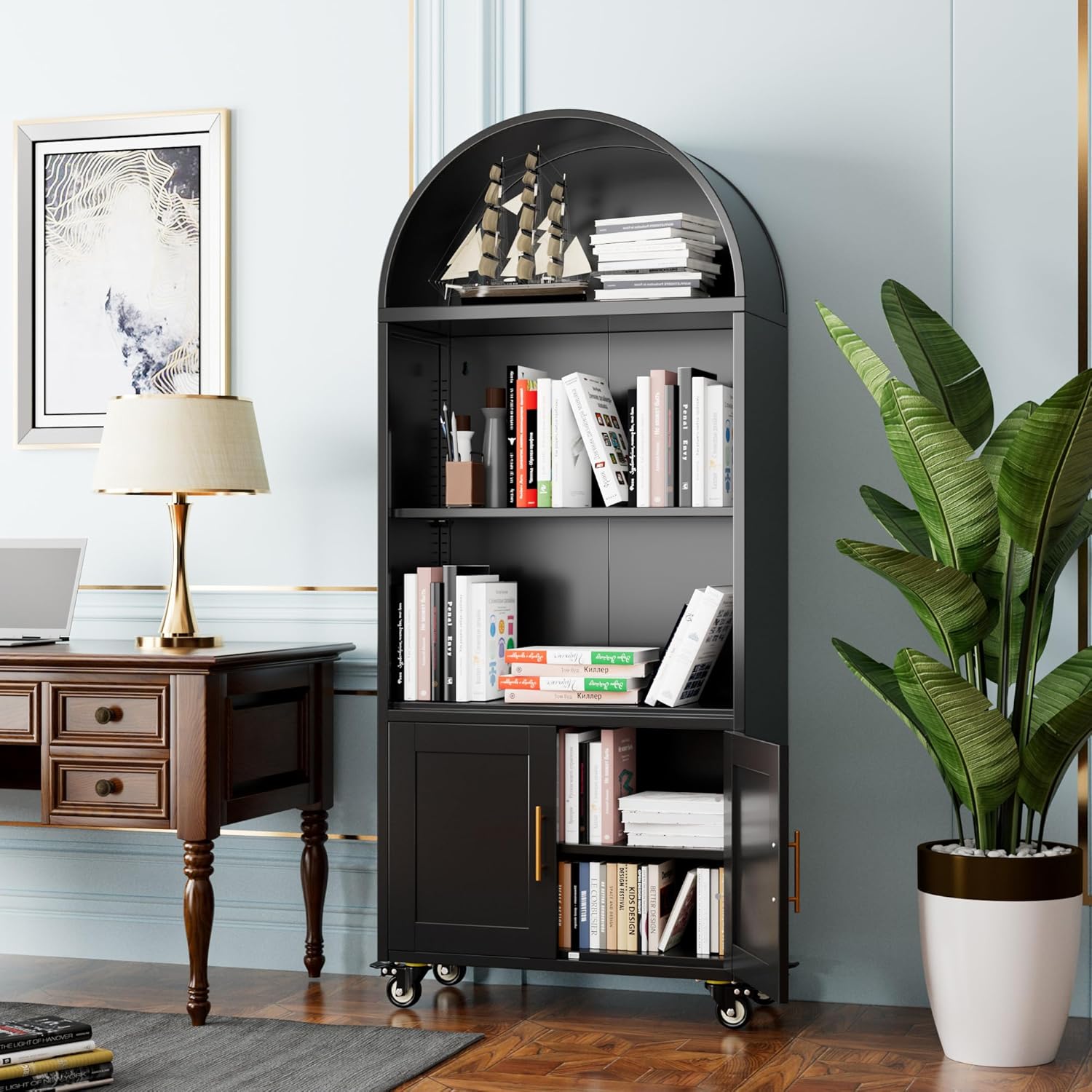 Modern Arched Metal Bookcase with Wheels – Freestanding Black Storage Shelf - Image 7