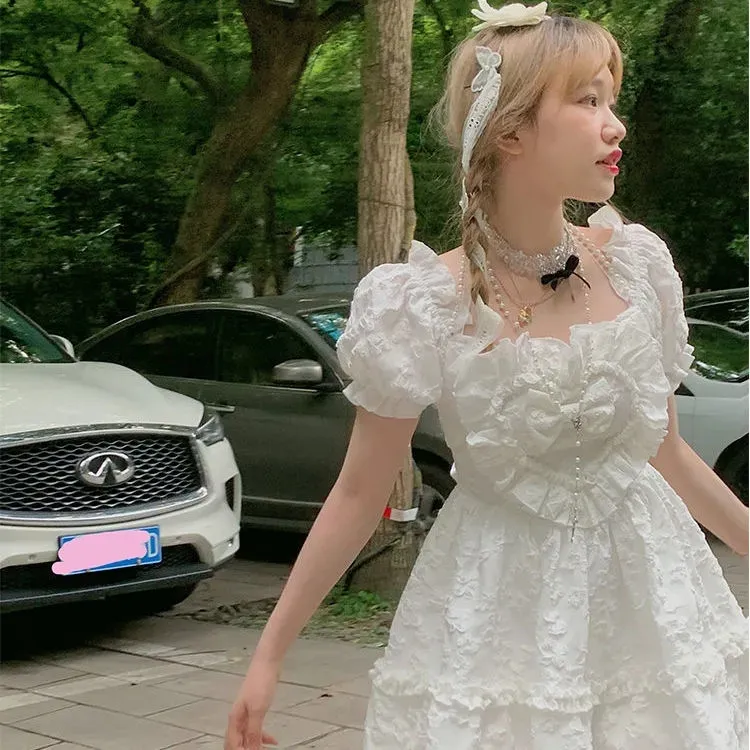 Sweet Girl Lolita Bow Square Neck Princess Dress - Offwhite