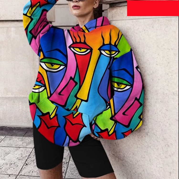 Casual Hooded Loose Abstract Printed Women's Sweatshirt