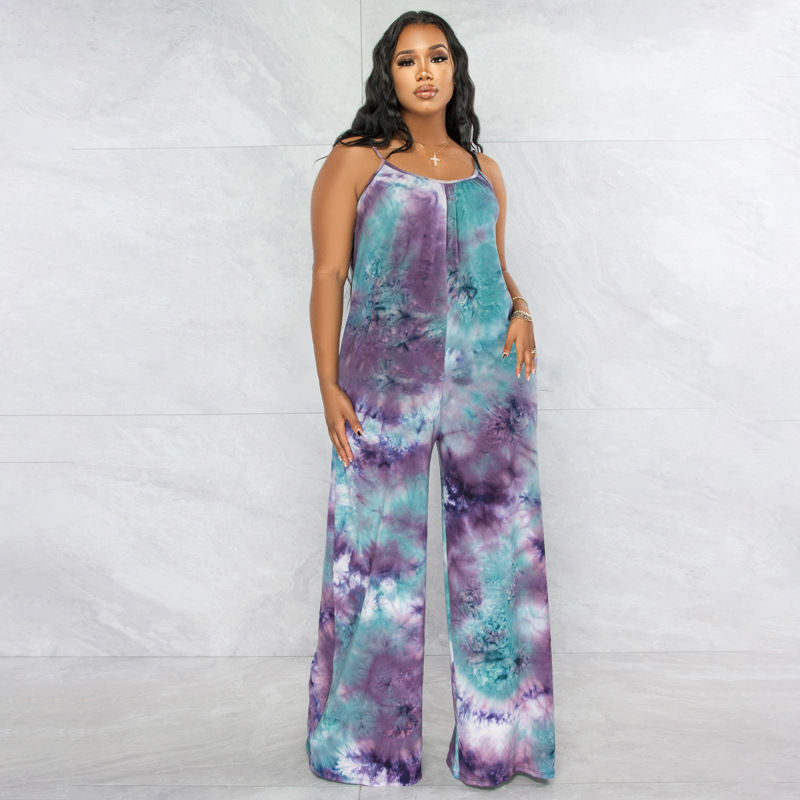 Title 5, Tie-dyed Printed Sling Casual Plus Size Jumpsuit