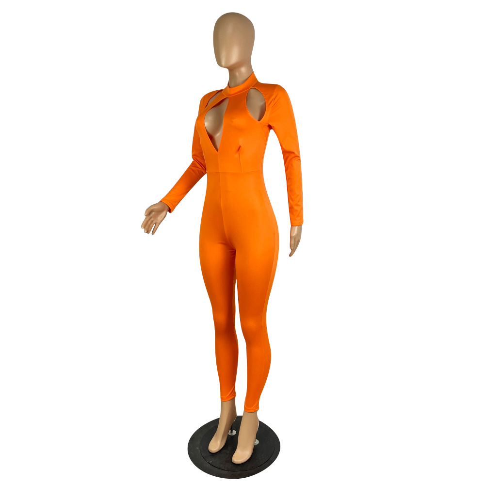 Women's Solid Color Long-sleeved Invisible Cut-out Jumpsuit - Image 3