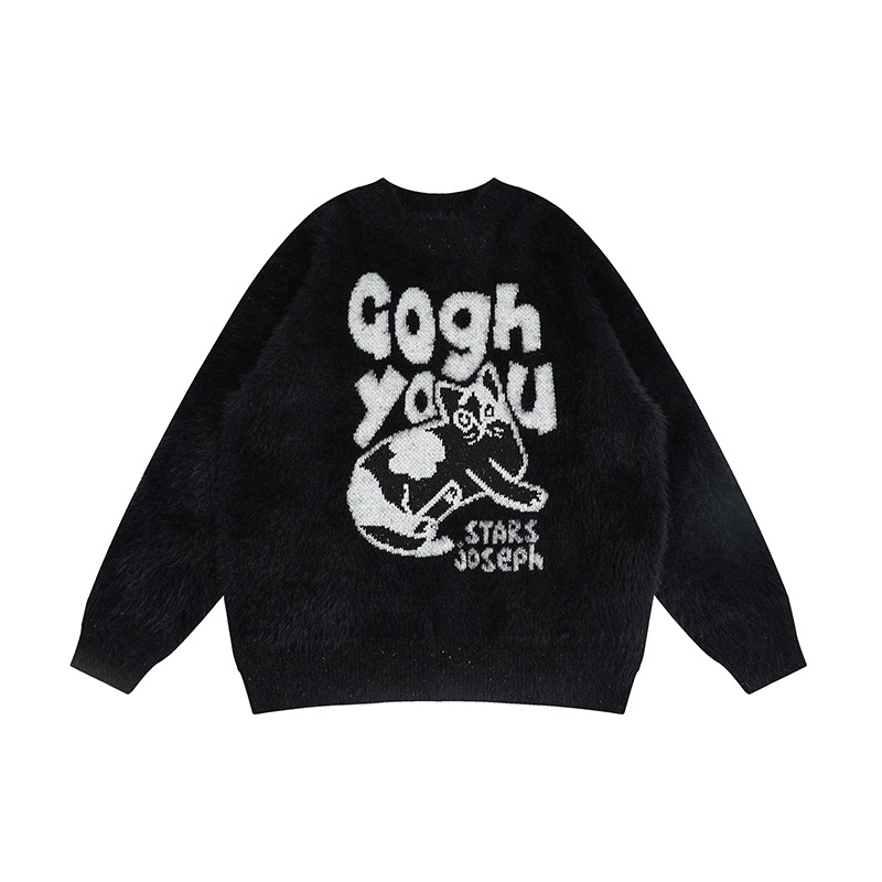 American Cartoon Kitten Plush Round Neck Sweater