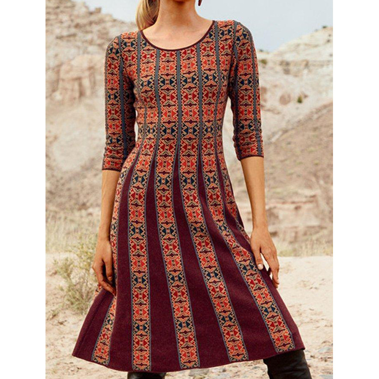 European And American Casual Positioning Printing Round Neck Three-quarter Sleeve Dress