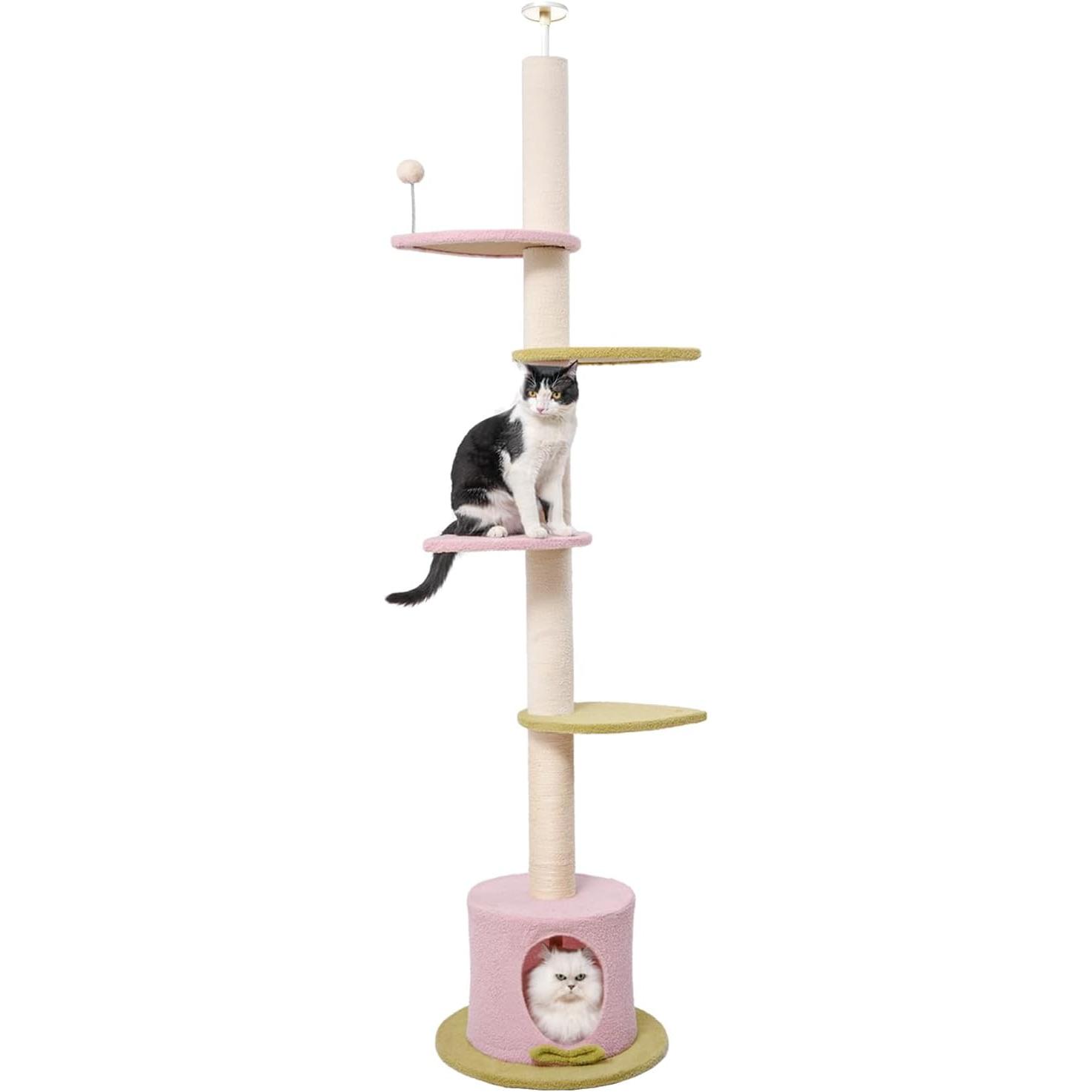 Max & Marlow Cat Tree Floor-to-Ceiling Adjustable Height, Featuring Carpeted Scratching Posts And Cushioned Platforms For Indoor Cats Pink,Pickup Only