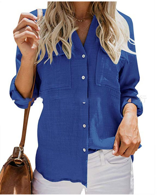 Ladies Buttoned V-neck T-shirt Long Sleeve Loose Casual Top