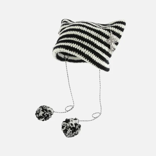 Handmade Punk Cat Ears Cross Ball WoolCap Black - Shop at LoveMi