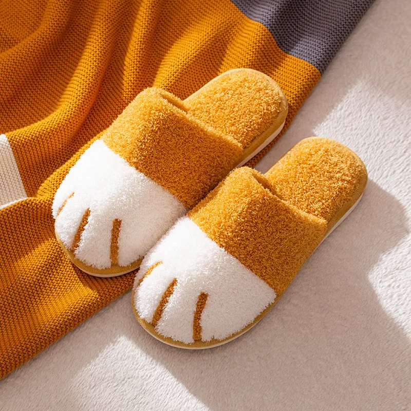 Paw Slippers Autumn Winter Home Shoes Women Kawaii Furry Slides Indoor Floor Bedroom Shoes Couple Slipper Warm Flats Footwear - Yellow