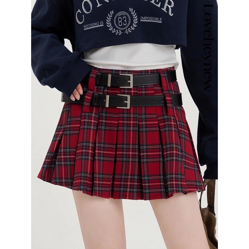 New Little Style Versatile Double Belt Short Skirt Fresh Plaid Pleated