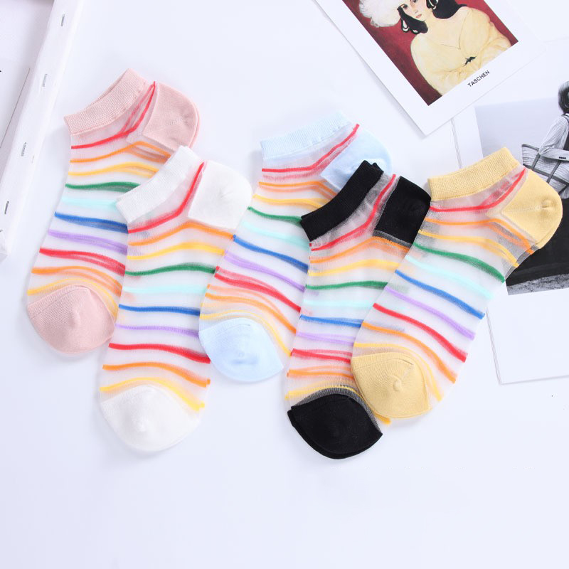 5pairs New Slim Rainbow Horizontal Striped Breathable Crystal Silk Boat  Versatile Glass Silk Women's Socks