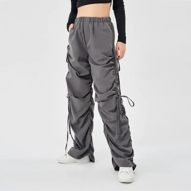 Street Drawstring Hole Casual Loose Wide Legs Cargo Pants Grey - Shop at LoveMi
