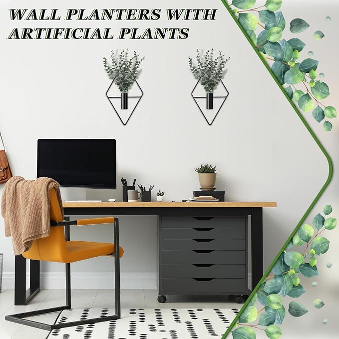2 Pcs Hanging Artificial Planters Wall Decor With Eucalyptus Leaves Black Home Decoration 2