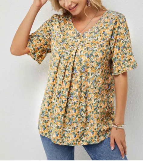 Summer New Floral Print Short Sleeve T Shirt Yellow - Shop at LoveMi