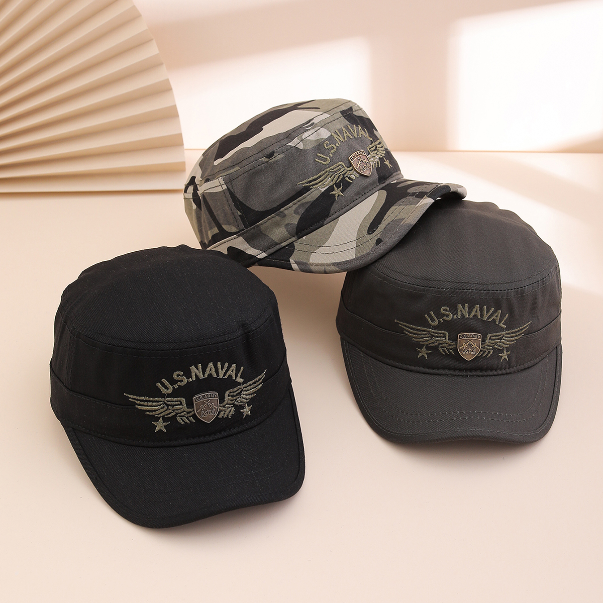 Military Style Camouflage Patterned Peaked Cap With Embroidered Wings And Metal Logo For Sun Protection  Casual Outdoor Baseball Cap