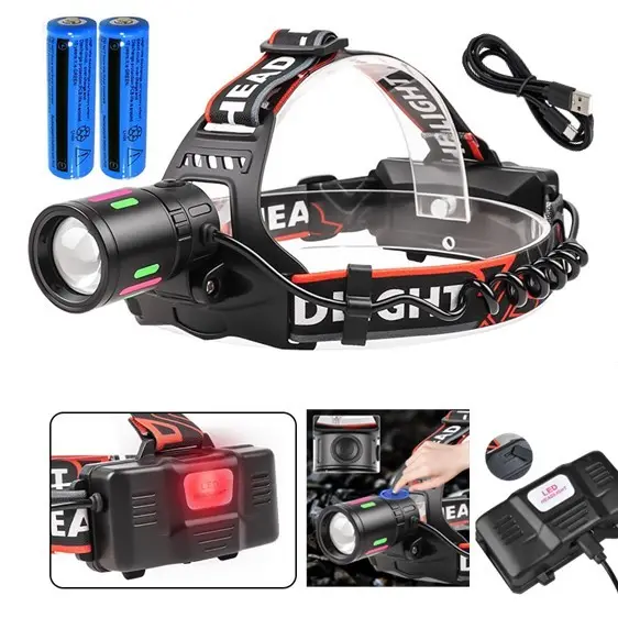 LED Headlamp USB Rechargeable Head Torch Zoom
