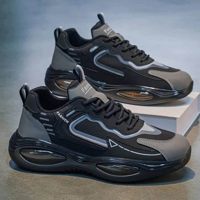 2026 Spring New Men's Air Cushion Sneakers, Stylish Leather Running Shoes, Black Warrior Waterproof Casual Trendy Shoes For Students