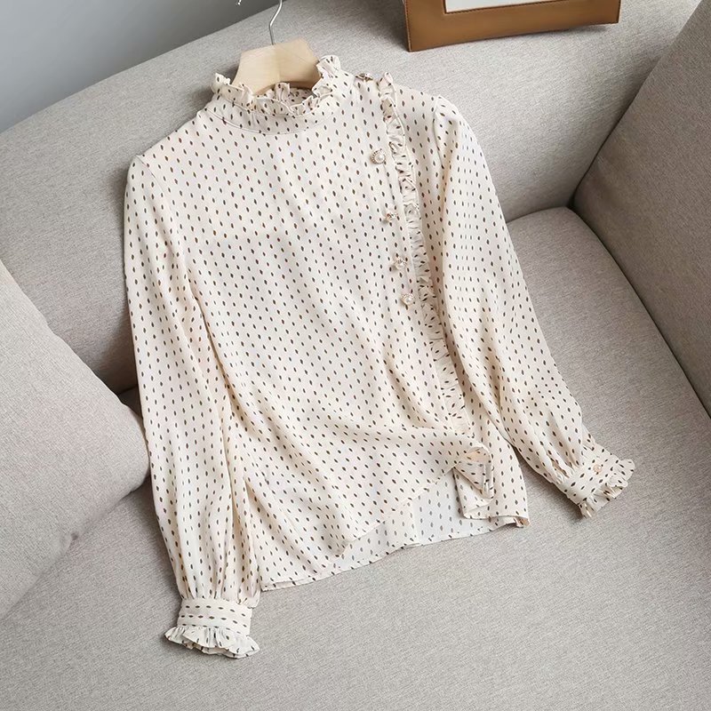 Stand-Up Collar Chiffon Pullover Polka Dot Print Long Sleeves With Wood Ears
