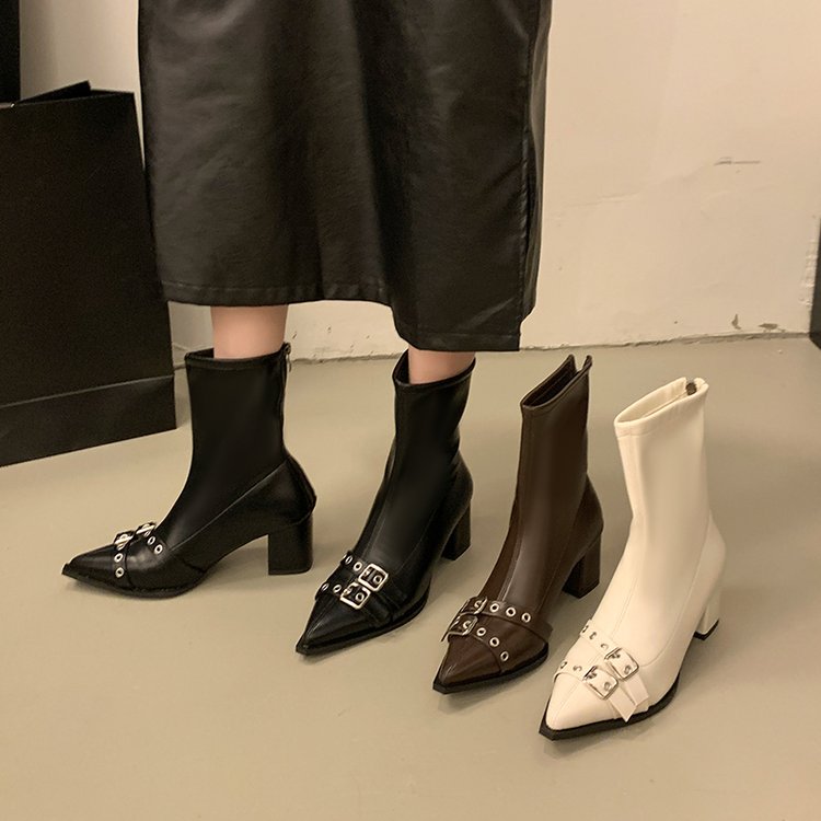 Women Pointed Toe Ankle Booties Multi Metal Buckle Eyelet Strap Decor Stretchy Faux Leather Block Mid Heel Back Zipper Short Boots Punk Style Fall Winter Party Dress Boots