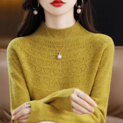 Half High Collar Thin Sweater Seamless Wool Yellow - Shop at LoveMi