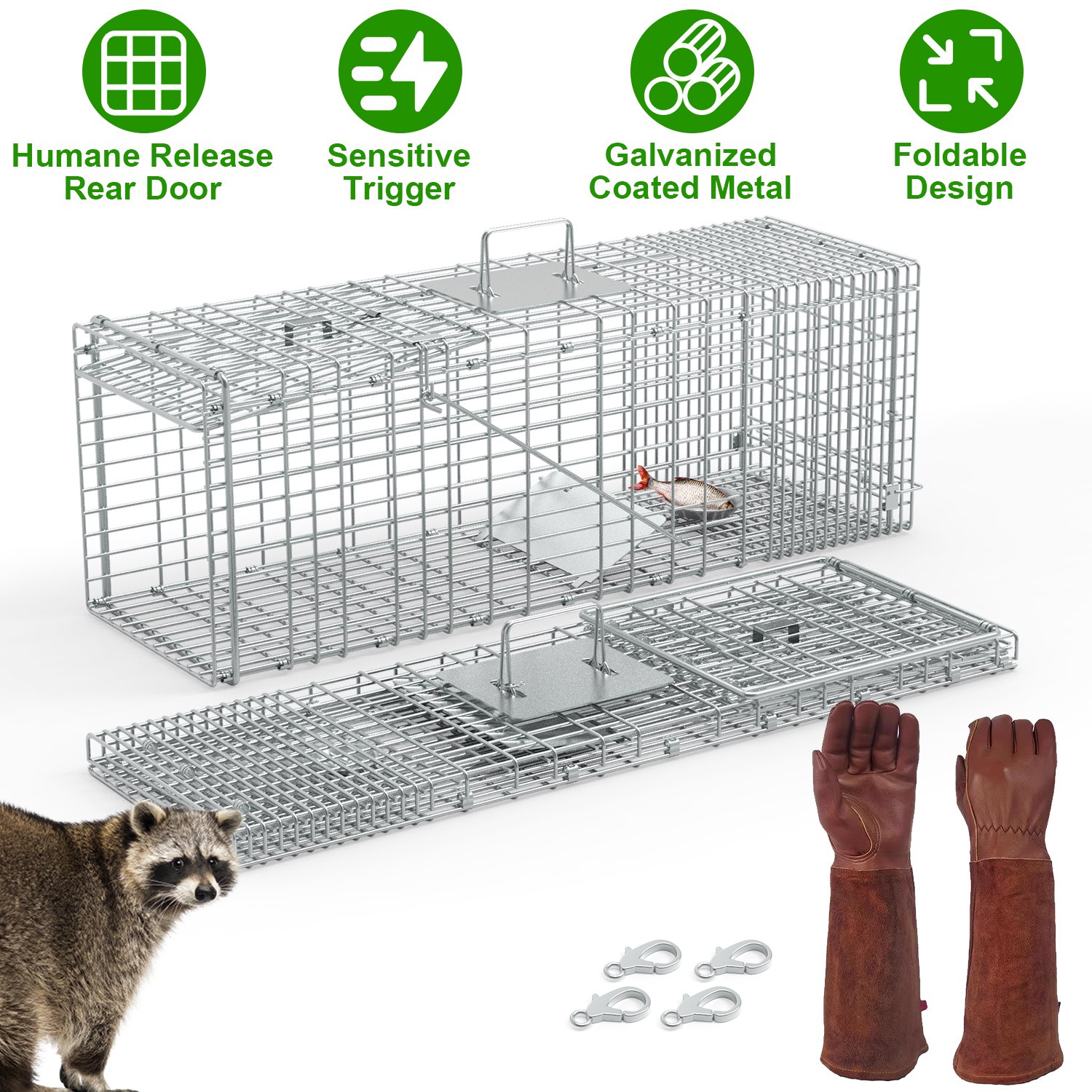 1Pc Humane Cat Trap Cage With Gloves Catch Release Live Animal Rodent Cage Collapsible Galvanized Wire For Raccoons Beavers Groundhogs Foxes Armadillos