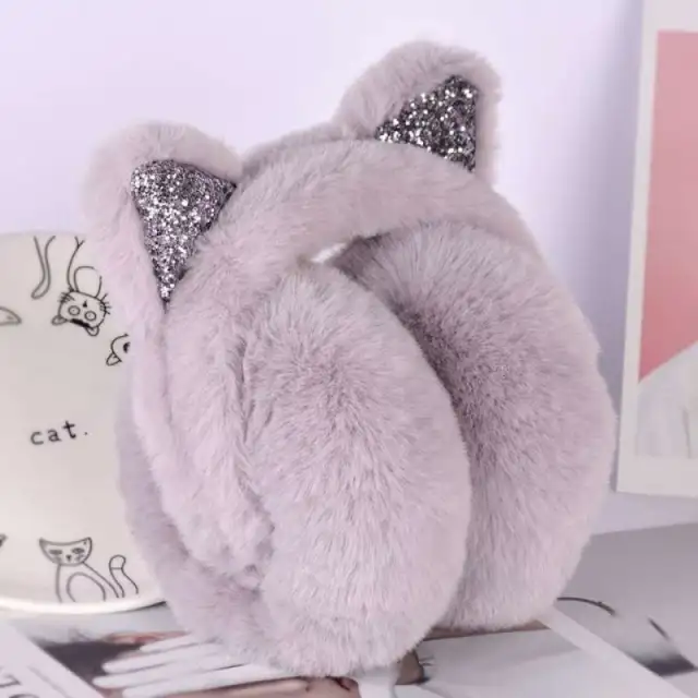 Cartoon Cat Warm Female Rabbit Fur Earmuffs Bag Grey - Shop at LoveMi