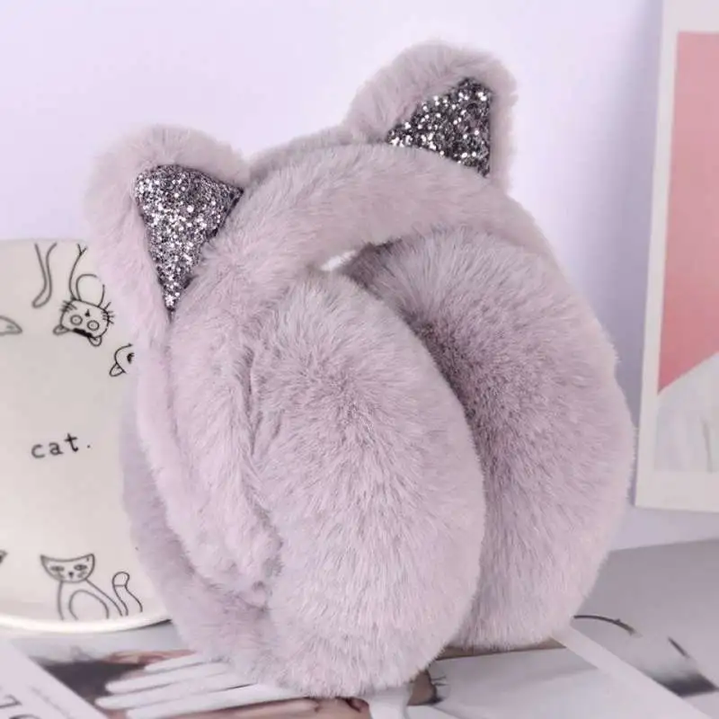 Cartoon Cat Warm Female Rabbit Fur Earmuffs Bag - Grey