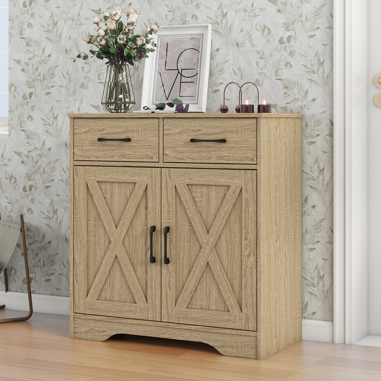 Wooden Storage Cabinet Rustic Organizer For Living Room Kitchen Free-Standing 2