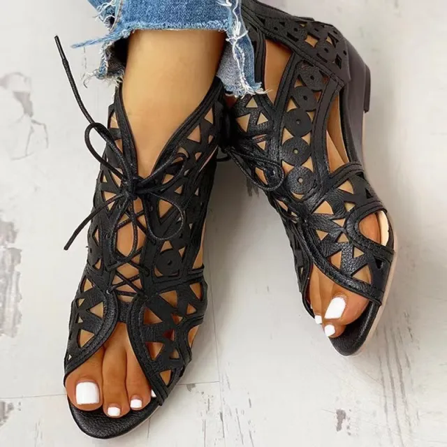 Cutout Sandals Women Fashion Low Heel Lace up Shoes Summer Black - Shop at LoveMi